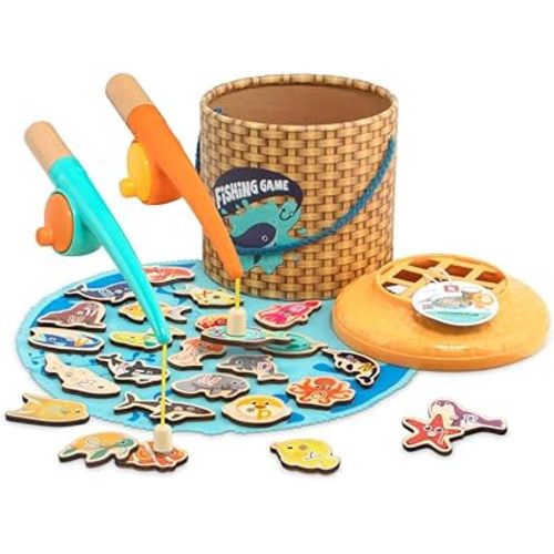 TOP BRIGHT Montessori Toddler Fishing Game - Kids Wooden Magnetic Fishing Toys Gifts for 3 Years Old Girls Boys, Fine Motor Skills for Toddler