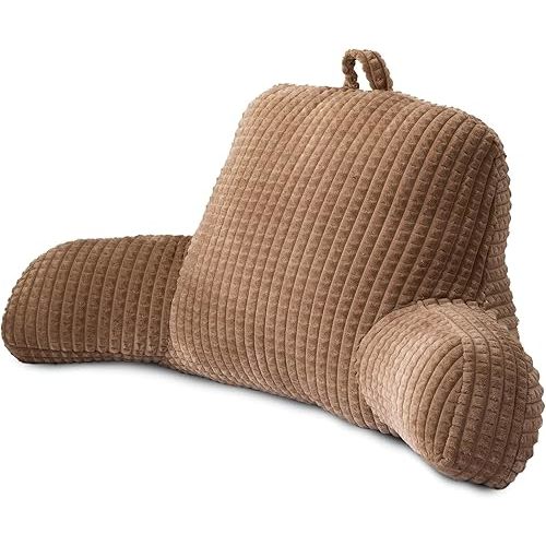 A Nice Night Reading Pillow Bed Wedge Large Adult Children Backrest with Arms Back Support for Sitting Up in Bed/Couch for Lounging Bedrest,Waffle Stereoscopic Design,Khaki