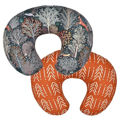 2 Pack Baby Nursing Pillow Cover Newborn U-Shaped Breastfeeding Pillowcase Cushion Cover Stretchy Replaceable Forest&Floral Pillow Cover Slipcover 22.5x18 (Forest + Retro Geometry)