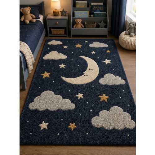 Hand Tufted Kids Moon & Stars Wool Rug, Nursery Area Rug, Navy Blue Cloud Rug, Celestial Kids Room Carpet Decor