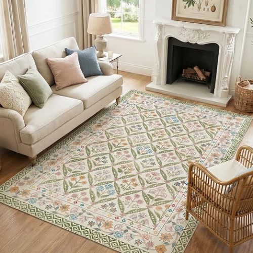 jinchan 5x7 Vintage Floral Washable Living Room Area Rug, Sage Green