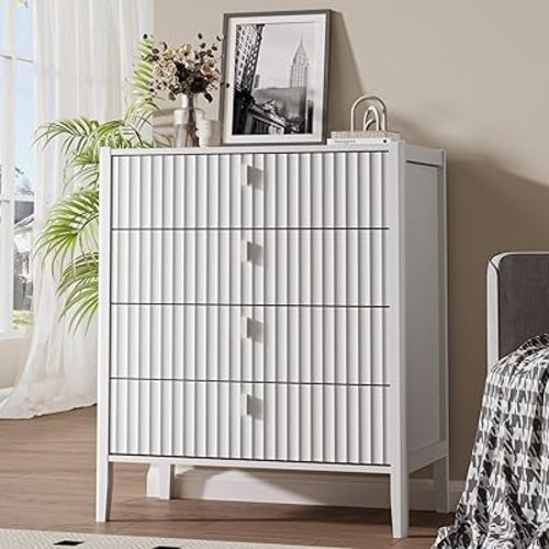 White 4 Drawer Dresser, Modern Chest of Drawers for Bedroom, Wood Storage Dresser Organizer with Deep Drawers for Clothes, Nightstand for Bedroom, Hallway, Living Room, Entryway