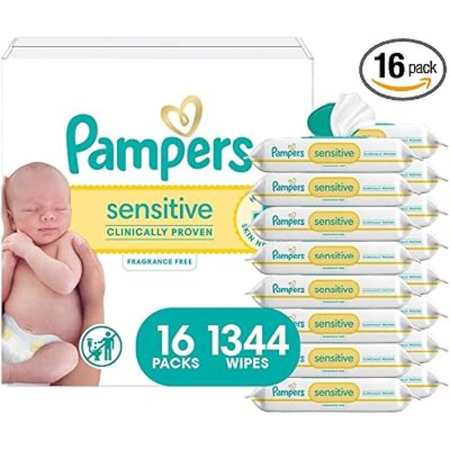 Pampers Baby Wipes, Sensitive, Water Based Wipe, Clinically Proven, Hypoallergenic, and Unscented for Babies, 1344 Wipes Total (16 Flip-Top Packs) [Packaging May Vary]