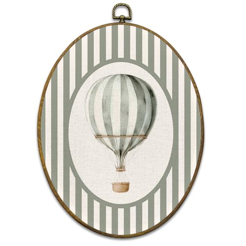 Hot Air Balloon Boy Nursery Wall Art Decor, Kids Framed Canvas Prints 8.6x11.4, Sage Green Striped Oval Wall Hanging Artwork Decorations for Kids Boy Nursery Room Bedroom Playroom