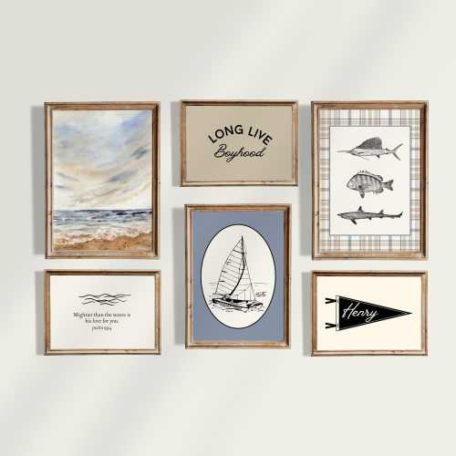 Vintage Boat Nursery and Kids Gallery Wall: Custom Name Pennant, Long Live Boyhood, Bible Verse Psalm 93, Ocean Waves, Sailboat, Fish