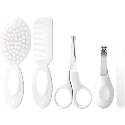Baby Grooming Kit Newborn,Baby Health Care Kit,Baby Brush Soft Bristles 5 pcs Baby Nail Kit Nursery Care Kit Baby Hair Brush Hair Comb Nail Kit Safety Cutter Nail Clipper Set White