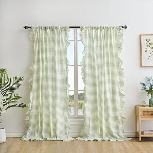 Pile Green White Plaid Gingham Ruffle Curtains 2 Panels, 100% Washed Cotton Drapes for Bedroom Living Room Doorway Shabby and Chic Window Treatment Rod Pocket, W52”xH84