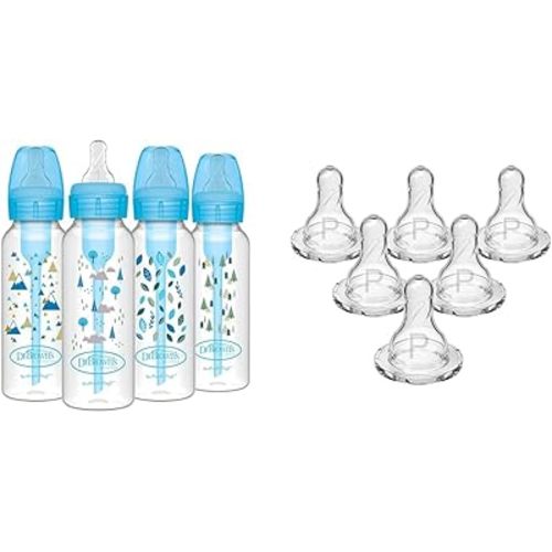 Dr. Brown's Natural Flow Anti-Colic Options+ Narrow Baby Bottles, Nature Designs, 8oz/250mL & Natural Flow Preemie Flow Narrow Baby Bottle Silicone Nipple, Slowest Flow, 0m+