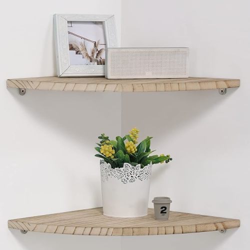10 inch Corner Wall Shelf, Set of 2 Solid Wood Corner Floating Shelves for Wall, Round End Wall Mounted Floating Corner Shelf for Bedroom, Living Room and Kitchen (Carbonized-10 inch)