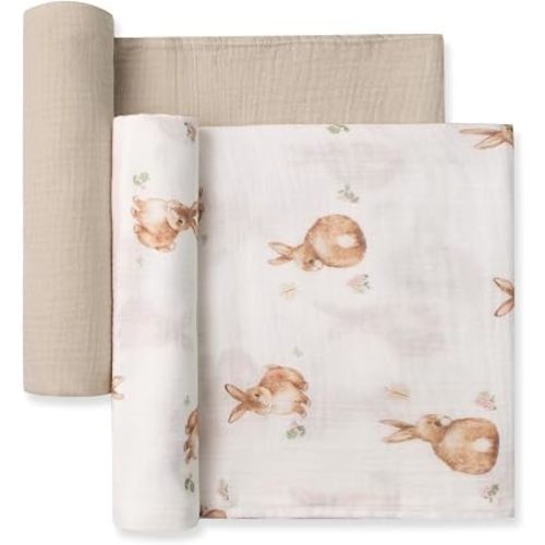 Muslin Swaddle Blankets, 2-Pack Breathable Receiving Blankets,47''x47'' Large Baby Wraps,Soft Baby Blankets for Girls and Boys Newborn Essentials Baby Gifts (Beige&Rabbit)