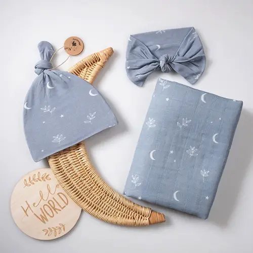 Miaoberry 100% Organic Muslin Swaddle Set w Matching Hat/Bow| Moon Leaves in Haze Blue| Hospital Home-coming Baby Announcement Blanket Gender Neutral for Boy n Girl