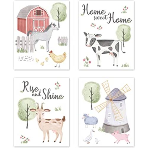 Sweet Jojo Designs Farm Animals Wall Art Prints Room Decor for Baby, Nursery, and Kids - Set of 4 - Watercolor Farmhouse Horse Cow Sheep Pig Home Sweet Home