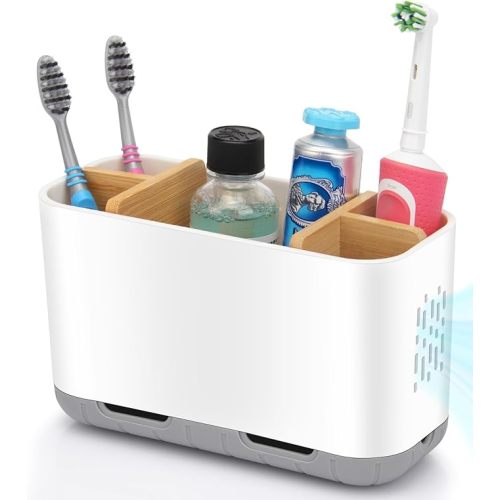 Toothbrush Holders for Bathrooms - Bamboo Divider Toothbrush and Toothpaste Holder with Drainage, Kids Electric Toothbrush Organizer for Bathroom Countertop, White Tooth Brush Holder
