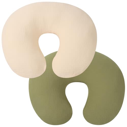 Onacosht Muslin Nursing Pillow Cover, 2 Pack, Light Green and Beige | 100% Cotton Breast Feeding Pillow Slipcover, Compatiable with Boppy & Similar Pillows, for Baby Boy and Girl, Hidden Zipper