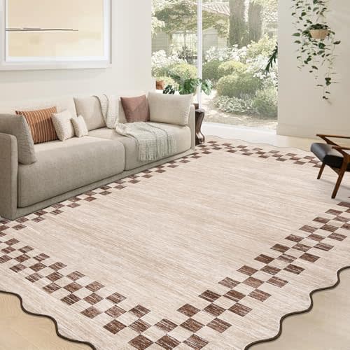GarveeHome 8x10 Area Rug for Living Room Scalloped Washable Large Bedroom Rug Non Slip Stain Resistant Modern Border Dining Room Throw Carpet Scalloped Boho Rug for Home Decor Office Nursery, Beige