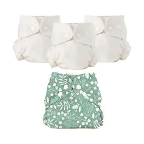 Esembly Cloth Diaper Bundle Set - 3 Organic Cotton Absorbent Inners and 1 Waterproof Outer Diaper Cover - Reusable, Washable, Snap Closure Cloth Diapers - Size 1 (7-17lbs), Botany