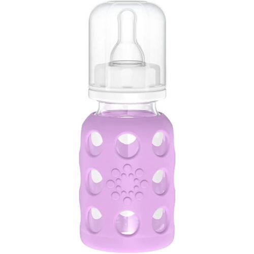 Lifefactory 4-Ounce BPA-Free Glass Baby Bottle with Protective Silicone Sleeve and Stage 1 Nipple, Lilac