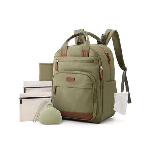 mommore Baby Diaper Bag with Waterproof Changing Pad, Green | Backpack Bottle Holders Insulated & Pacifier Case, 2 Organizer Pouches