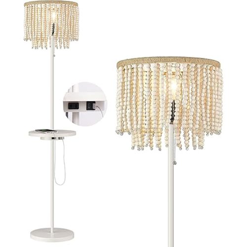 ELYONA Boho Standing Light Birch Wood Beaded Table Floor Lamp with USB Type-C Charging Ports and Outlet, 58" Tall Reading Lamp, Side Table Lamp for Farmhouse Bedroom Livingroom Girl Room, White