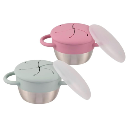 Elk and Friends Stainless Steel Snack Cups | Removable Silicone Food Catcher and Travel Lid | Spill-Proof Snack Containers for Baby, Toddler, Kids | Dishwasher Safe | 2 Pack