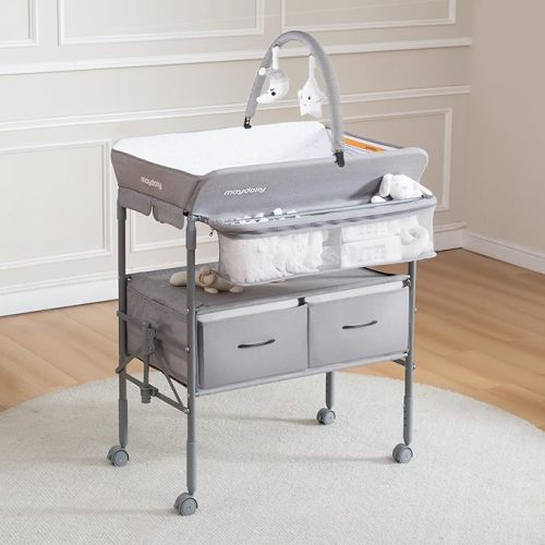 Maydolly Baby Changing Table, Portable Folding Changing Table with Wheels and Locking Brackets, Waterproof and Adjustable Height, Premium Diaper Changing Station with Two Drawers, Mobile Nursery for Newborn