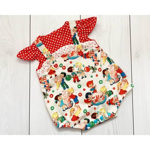 funky baby girl romper, retro baby girl outfit, polka dot baby girl clothes, baby romper with frills, unique baby girl clothes