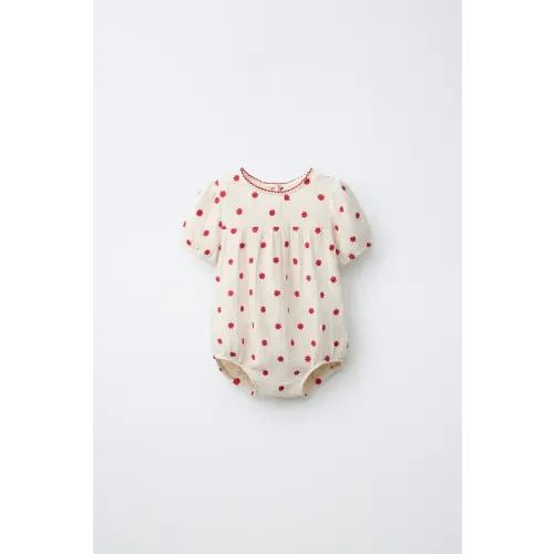 EMBROIDERED FLORAL ROMPER- 6-9 months - Ecru / Red | ZARA United States