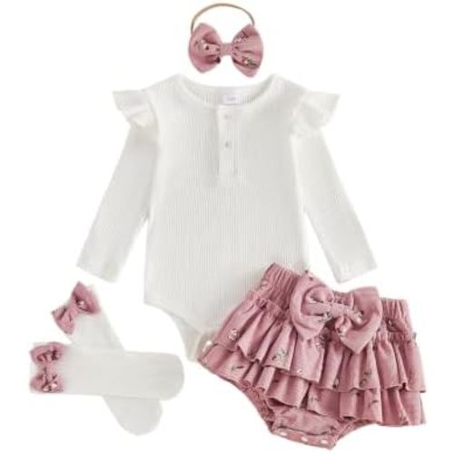 Baby Girl Outfit Set Ruffle Sleeve Romper, Floral Shorts, Headband & Socks