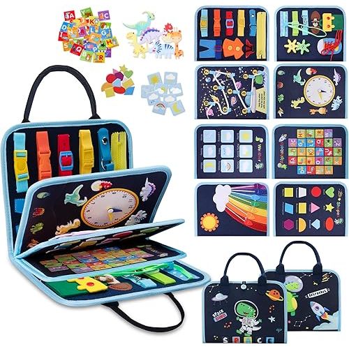 GONINO Toddler Busy Board Montessori Toys for 1-3 Year Old, Dinosaur Space Busy Book with 23 Activities for Learning Fine Motor Skills, Sensory Travel Toys for Airplane Car, Gifts for Boys Girls, Blue