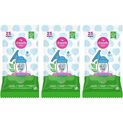 Breast Pump Wipes by Dapple Baby, 25 Count (Pack of 3), Fragrance Free, Plant Based & Hypoallergenic Breast Pump Wipes - Removes Milk Residue, Leaves No Taste - Convenient Wipes Pouch
