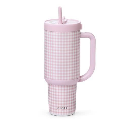 Ello Oasis 40oz Insulated Stainless Steel Tumbler with Straw, Pink Gingham | Insulated stainless steel cup with handle, retracting straw, leakproof lid, keeps cold 24 hours, cupholder fit