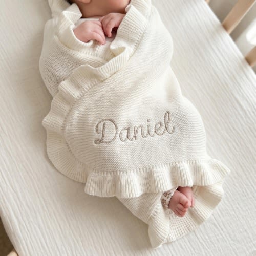 Personalized Baby Blanket with Name in Soft Knit with Ruffle Edge