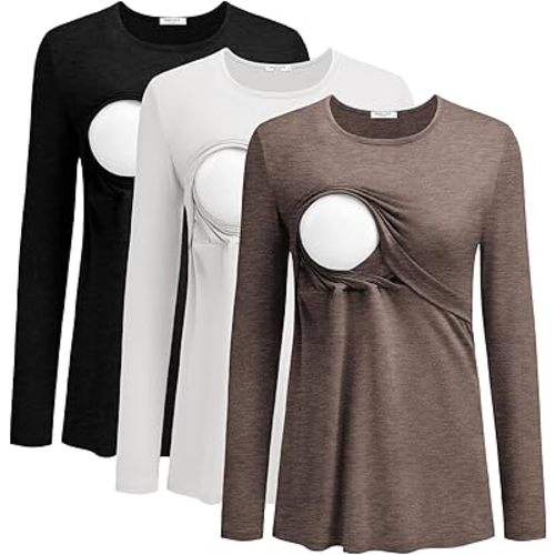 Ekouaer Women Long Sleeve Nursing Shirts 3 Pack Breastfeeding Round Neck Top Double Layer Maternity Tshirt Pregnancy Clothes