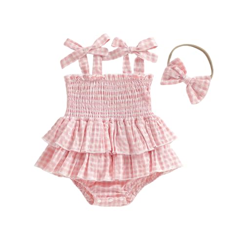 Giraropa Newborn Baby Girl Plaid Romper Outfit Sleeveless Smocked Romper Infant Baby Cute Gingham Clothes