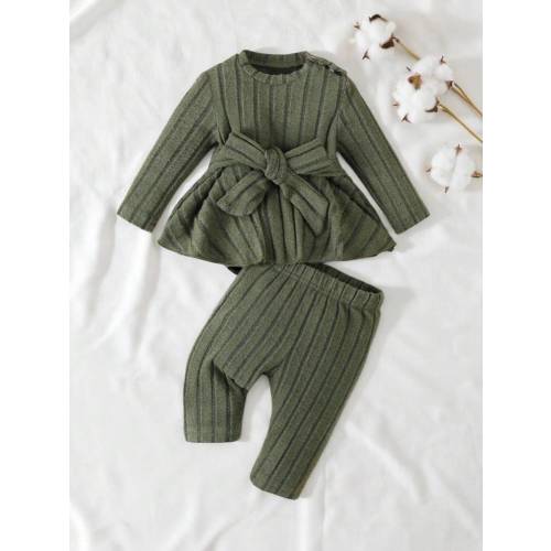 SHEIN Vintaside Kids Girls Casual Everyday Elegant Simple Comfortable Long Sleeve Ruffle Top And Pants With Belt 2pcs Set Winter Two Pieces Setgreen Baby Girls Sets | SHEIN USA