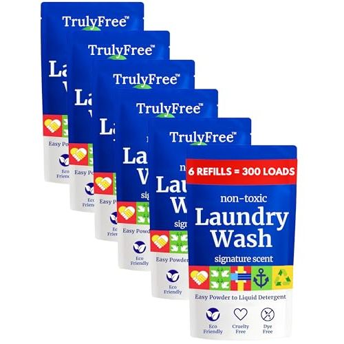 Truly Free Natural Laundry Detergent for Sensitive Skin | Eco Friendly, Plant Based, Baby Clothes Safe | Clean & Easy Powder to Liquid, 6 Pack Refill Detergent, NO Jug | Signature Scent, 300 Loads