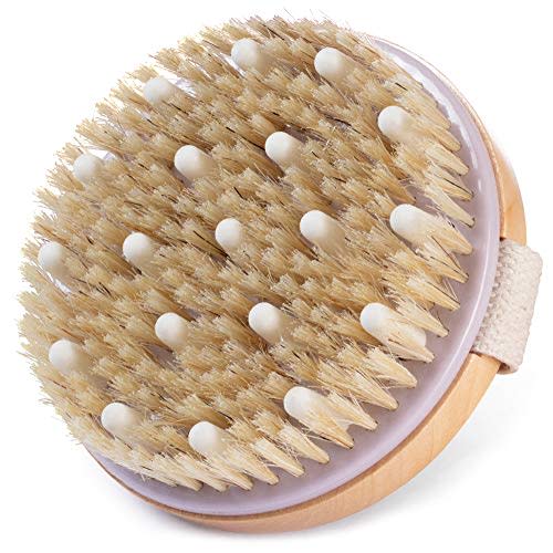MainBasics Round Dry Brushing Body Brush - Massaging + Exfoliating Body Scrub Brush with Boar Bristles & Rubber Nodules Removes Dead Cells, Massages Muscles, Stimulates Lymphatic Drainage, 4.25 in
