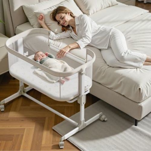Fodoss All Mesh Bedside Bassinet for Baby, Bedside Sleeper with Wheels, 7-Position Height Adjustable Infant Bassinet, Beige