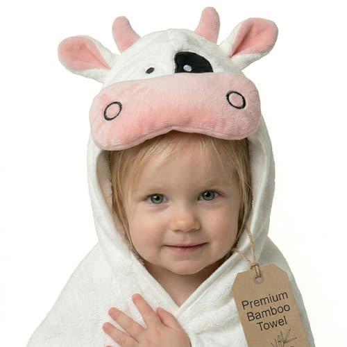 POCASOPA Hooded Towel 3D Premium Cute Cow Vaquita Design - Rayon Made from Bamboo - Baby Gift - Ultra Soft, Absorbent & Hypoallergenic - Large 35x35” Organic Towel for Newborns, Toddlers & Kids Bath