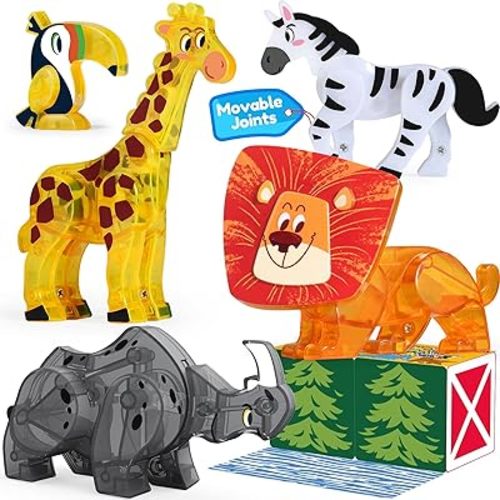 Oriate Magnet Safari Animals for Magnetic Tiles, 5pcs Zoo Animal Toys for Magnetic Blocks, Movable Joint Magnet Safari Animals Figures Compatible with Magnetic Building Tiles for Kids Magnetic Tiles