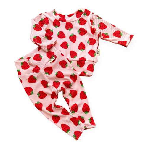 Strawberry Baby Lounge Set – Ribbed Long Sleeve Top & Leggings, Toddler Girl Pink Outfit, Fruit Clothes Size Preemie to 4T, Babygirl Gift