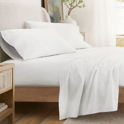 100% Percale Cotton 4PC Sheet Set, Brushed & Pre-Washed Bedding for Softness & Comfort - Becky Cameron, White, Full