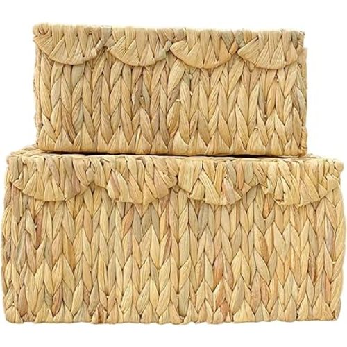 Scalloped Edge Wicker Basket with lid, Wicker Storage Basket with Built-in Handles, Natural Water Hyacinth Wicker Basket for Shelves, Nursery Room (02 Pack)