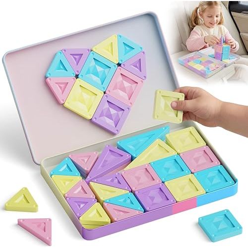 Mini Magnetic Tiles Girls Travel: 40 PCS Macaron Building Blocks with Tin Box - 90 Mins Quiet Play 45s Cleanup - Airplane & Road Trip Toys for Kids Age 3 4 5 6