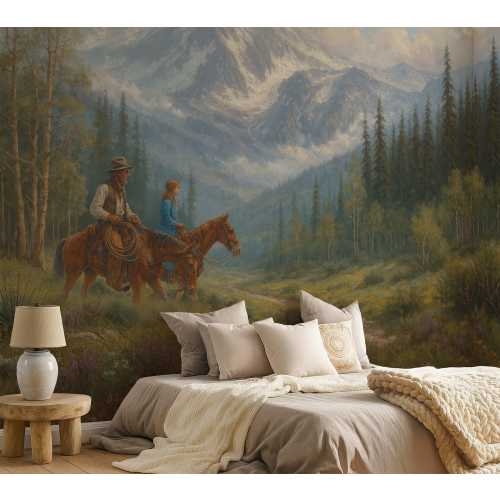 Western Cowboy Mountain Mural, Vintage Oil Painting Wallpaper, Horse Riders in Forest Peel and Stick, Custom Rustic Wall Art