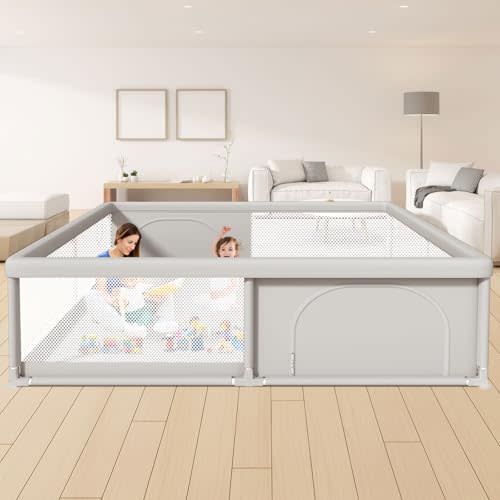 Hiaksedt 79x79 Inch Baby Playpen for Babies and Toddlers | Extra Large Play Yards for Indoor & Outdoor with Zipper Gates, Breathable Mesh with Anti-Slip Base