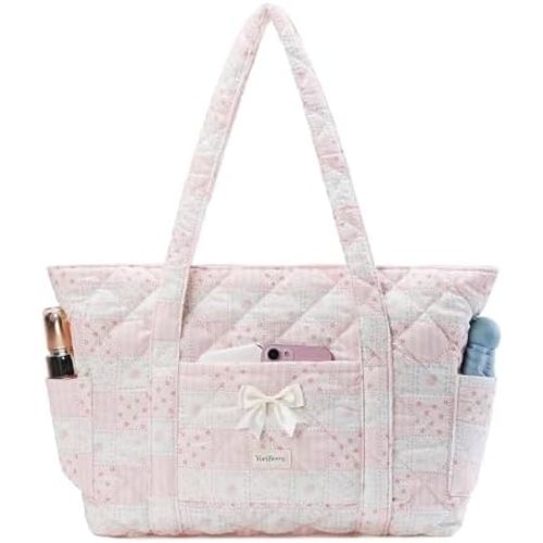 Quilted Tote Bag for Women, Quilted Floral Tote Bags with Zipper, Cute Bow Cotton Patchwork Shoulder bag for Daily