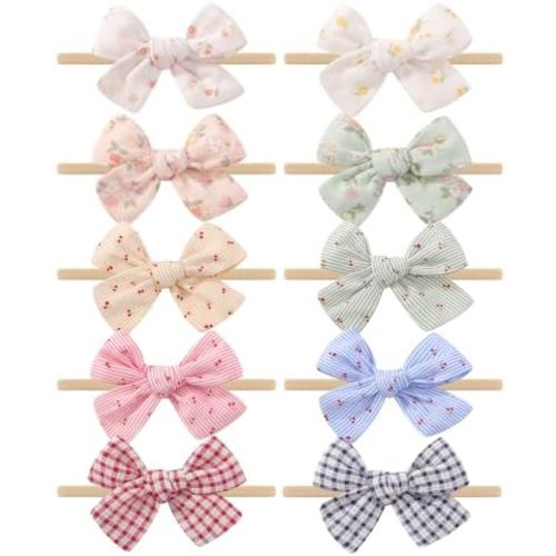 10 Pack Baby Girl Headbands with Bows, Soft Nylon Newborn Headbands