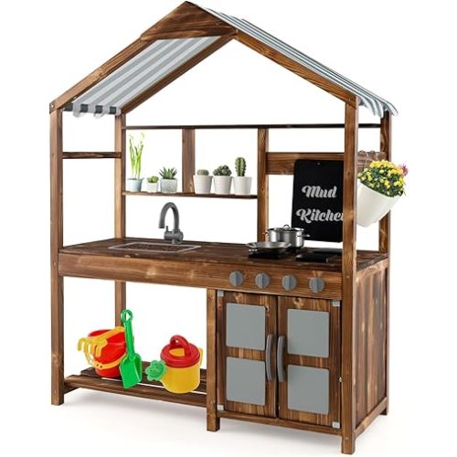 HONEY JOY Mud Kitchen with Canopy, Fir Wood Play Kitchen for Toddlers, Garden Sink, Stoves, Chalkboard, Storage Cabinet, Flowerpot, Outside Kitchen Playset, Mud Kitchen for Kids Outdoor Backyard