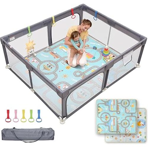 Dripex Baby Playpen with Mat, 71"x59" Large Play Pen for Babies, Grey